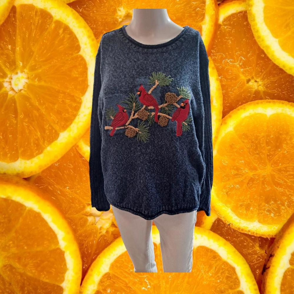 Vintage‎ VTG Timberlea Blue Marled Embroidered Cardinal Sweater Size Medium